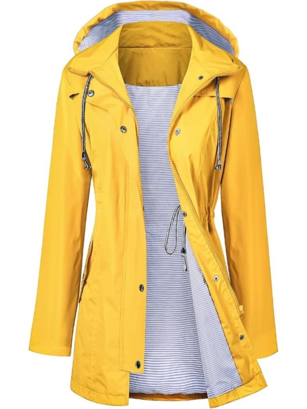 Women Yellow Hooded Waterproof Adjustable Drawstring Windbreaker Trench Coat